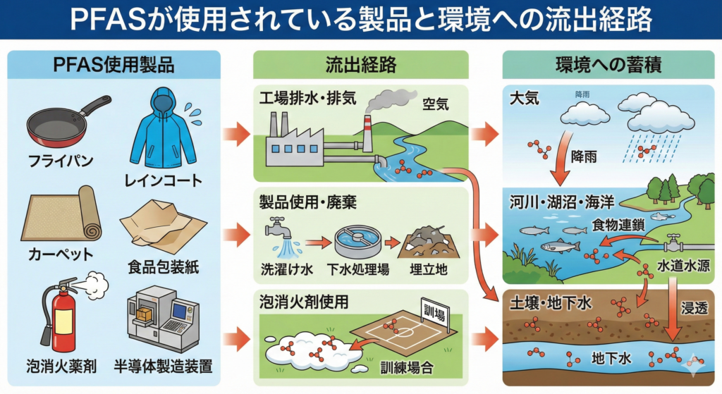 PFASが使用されている製品と環境への流出経路を示した図