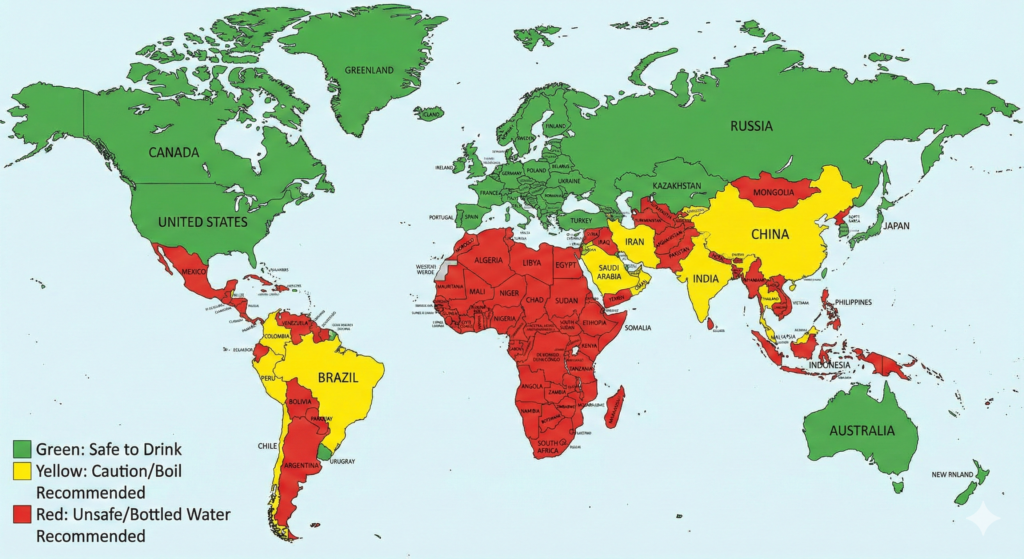 水道水をそのまま飲める世界12カ国を示した世界地図