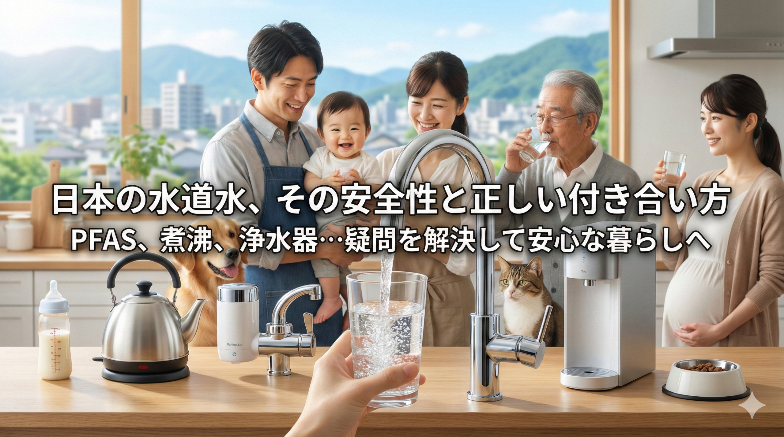日本の家族が安全な水道水を飲む様子。キッチンには浄水器やウォーターサーバー、やかんなどが並び、赤ちゃんから高齢者まで安心して水を飲んでいる