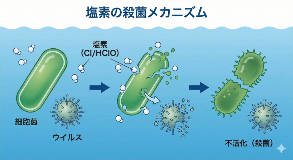 塩素が病原性微生物を殺菌するメカニズムを示したイラスト