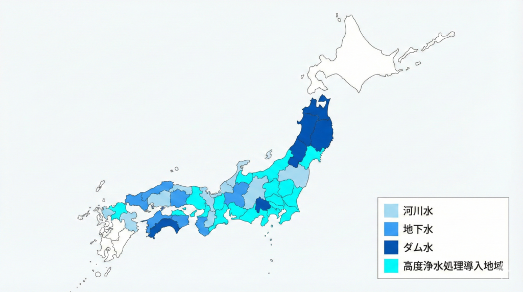日本の水源の種類(河川水、地下水、ダム水)と高度浄水処理導入地域を示した日本地図のインフォグラフィック