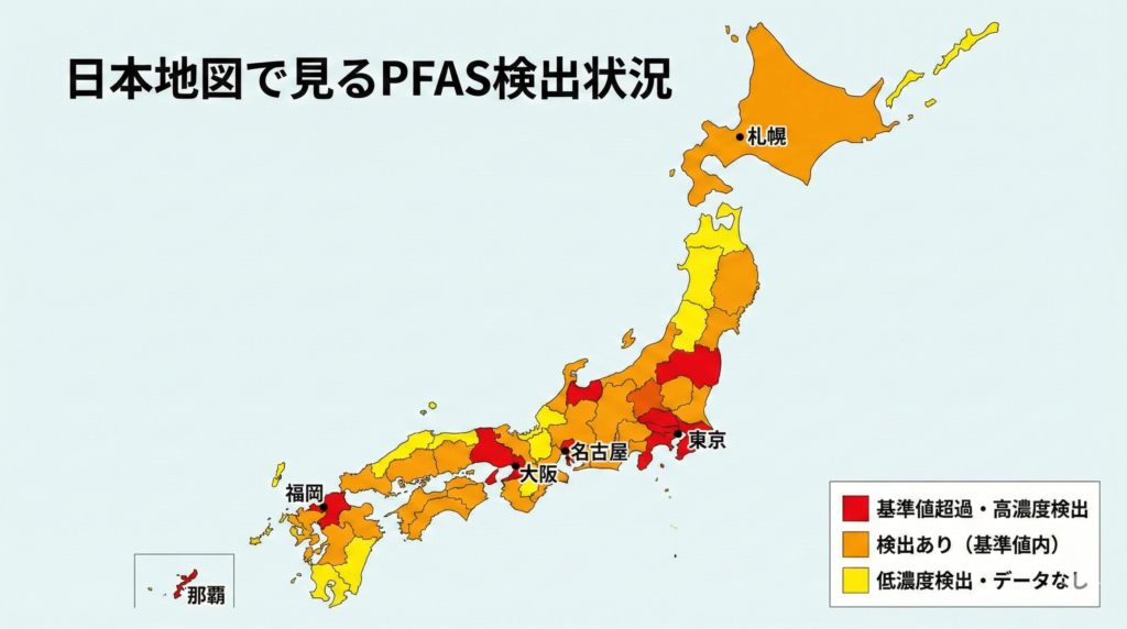 日本全国のPFAS検出状況を示した地図