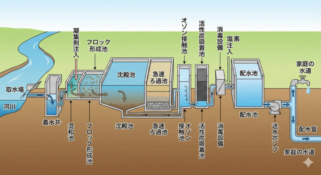 水道水の浄水処理工程を示した図解