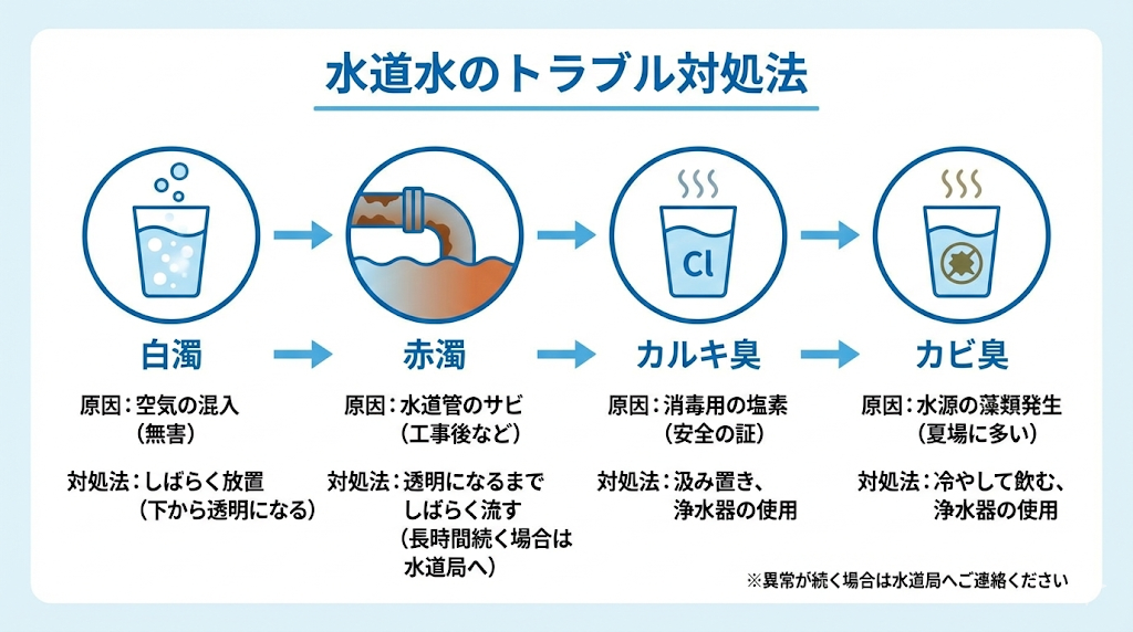 水道水の白濁、赤濁、カルキ臭、カビ臭の原因とそれぞれの対処法をまとめたフローチャート形式の図