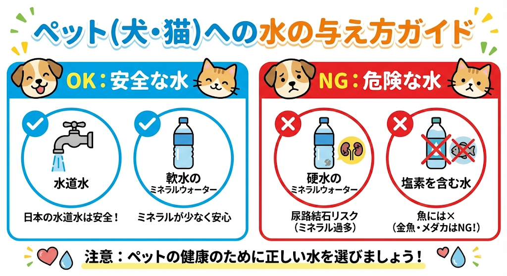 犬や猫などのペットに与えて良い水(水道水、軟水)と避けるべき水(硬水、塩素水)をまとめたOK/NGガイドのイラスト