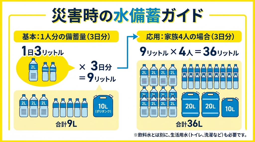 災害時に必要な3日分の飲料水備蓄目安量(1人9L、4人家族36L)をペットボトルとポリタンクのイラストで示したガイド