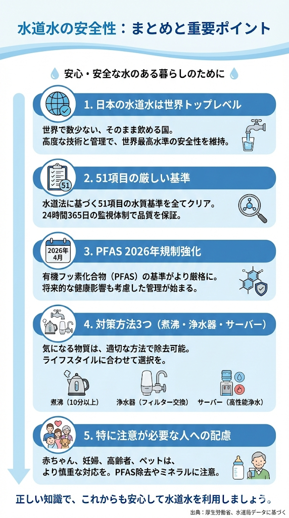 日本の水道水の安全性に関する5つの重要ポイント(基準、PFAS規制、対策方法など)をまとめた縦長のインフォグラフィック