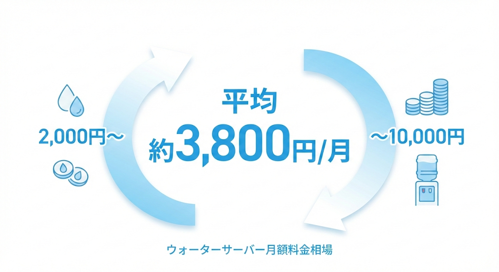 ウォーターサーバーの月額料金相場を示す図。中央に平均約3,800円、周囲に2,000円から10,000円の幅があることを表現したインフォグラフィック。