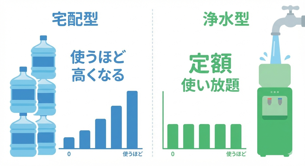 宅配型と浄水型ウォーターサーバーの料金比較図。宅配型はボトルの積み上げで従量課金を、浄水型は水道利用で定額使い放題であることを示すイラスト。