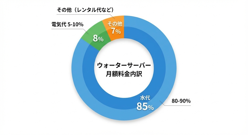 ウォーターサーバーの月額料金内訳を示す円グラフ。水代が80-90%、電気代が5-10%、その他がレンタル代などで構成されていることを可視化。
