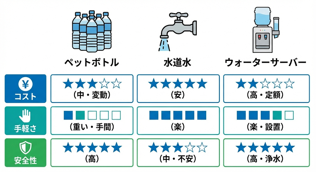 ペットボトル、水道水、ウォーターサーバーを「コスト」「手軽さ」「安全性」の3項目で5段階評価した比較一覧表。