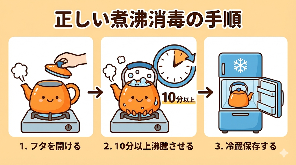 やかんのフタを開けて10分以上沸騰させ、冷蔵保存するまでの正しい煮沸消毒の3ステップ手順を示したイラスト
