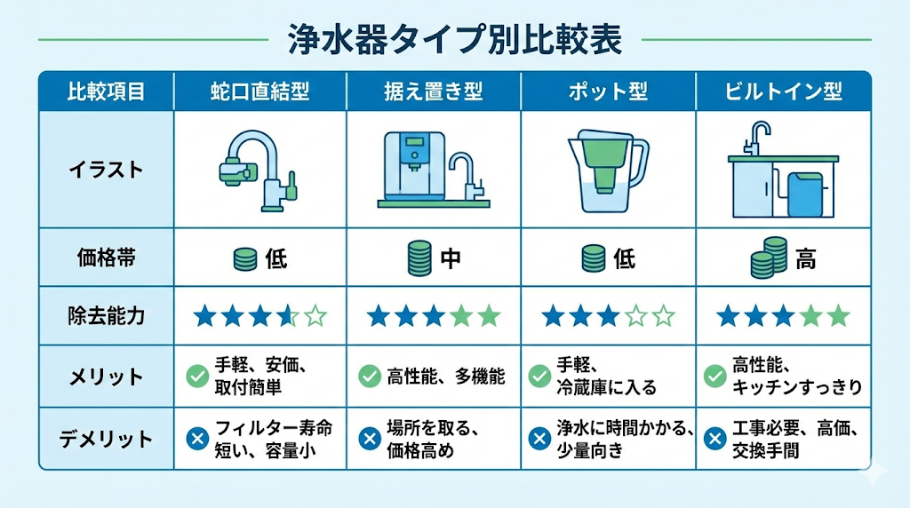 蛇口直結型、据え置き型、ポット型、ビルトイン型の4種類の浄水器の価格、性能、メリット・デメリットを比較した一覧表