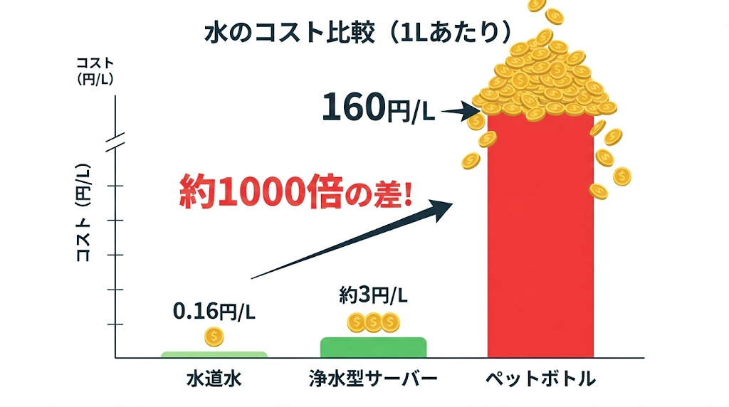 水道水、浄水型サーバー、ペットボトルの1リットルあたりのコストを比較し、ペットボトルとの約1000倍の差を示した棒グラフ