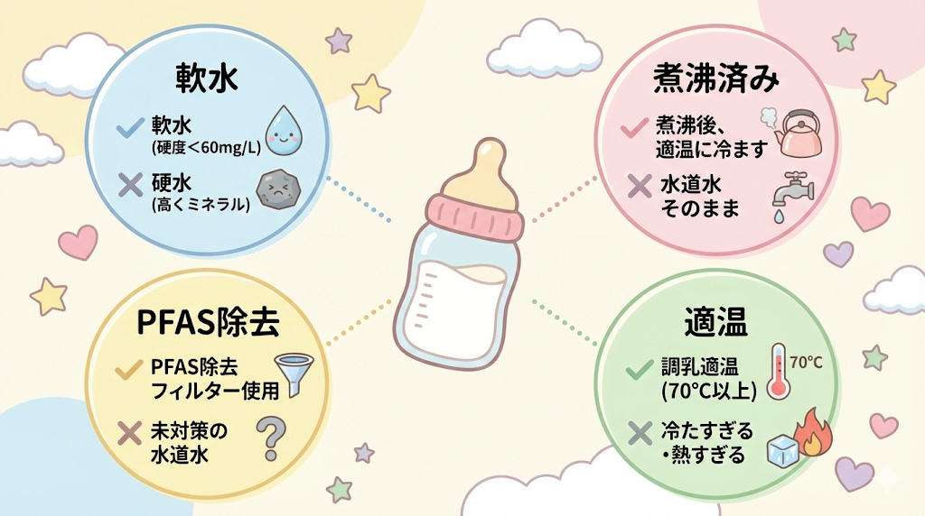 赤ちゃんのミルク作りに適した水の条件(軟水、煮沸済み、PFAS除去、適温)をOKとNGの例で示したインフォグラフィック