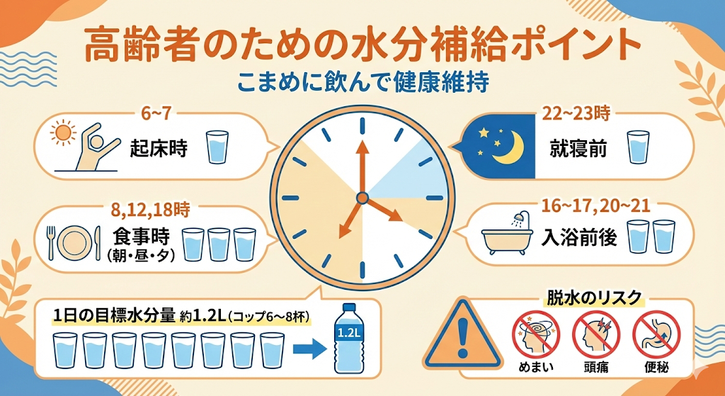 高齢者のための1日の水分補給タイミング(起床時、食事時、入浴前後、就寝前)と目標量、脱水リスクをまとめたイラスト