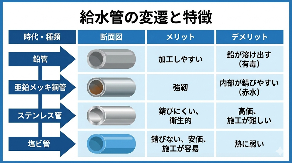 鉛管、亜鉛メッキ鋼管、ステンレス管、塩ビ管の断面図とメリット・デメリットを比較した給水管の変遷図