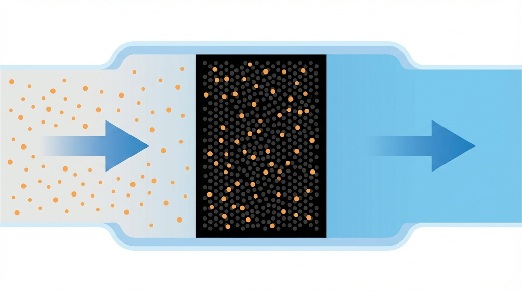 活性炭フィルターによるPFAS除去の仕組みを示す断面図。汚れた水が活性炭を通過することでPFAS粒子が吸着され、きれいな水になる流れを矢印で表現