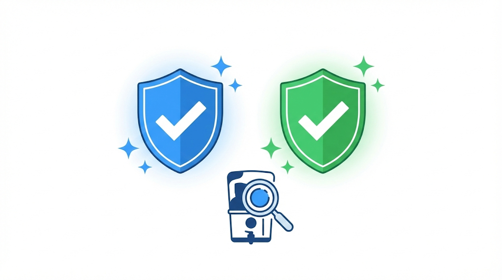 "浄水器選びで確認すべき認証マーク。JWPAS B基準とNSF認証の2つの信頼できる認証を盾型バッジで表現した図"