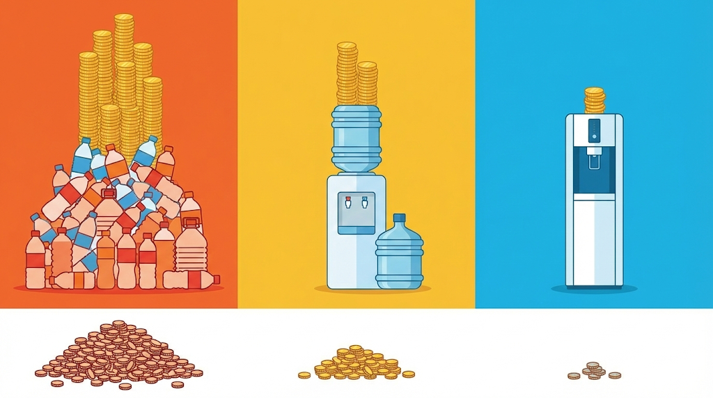 "ペットボトル水、宅配型サーバー、浄水型サーバーの年間コスト比較図。コインの量で視覚的にコスト差を表現し、浄水型が最も経済的であることを示す"