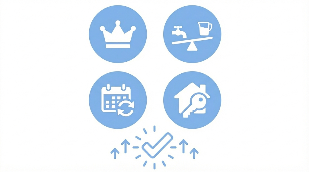 "PFAS除去浄水器のよくある質問を示す図。最高性能、タイプ比較、交換頻度、賃貸利用の4つの質問をアイコンで表現"