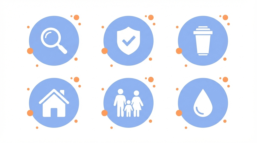 浄水器選びの6つの重要ポイントを示すアイコン図。性能確認、認証マーク、カートリッジ、住居形態、家族構成、コストを円形アイコンで表現