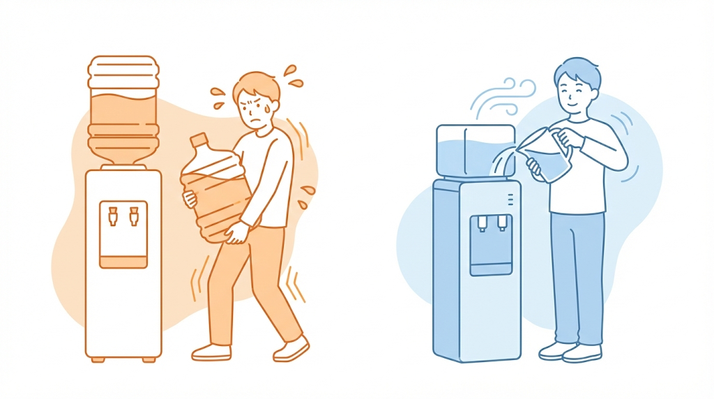 宅配型と浄水型ウォーターサーバーの比較図。左側は重いボトル交換で苦労する様子、右側は水道水を簡単に注ぐ様子を対比して表現