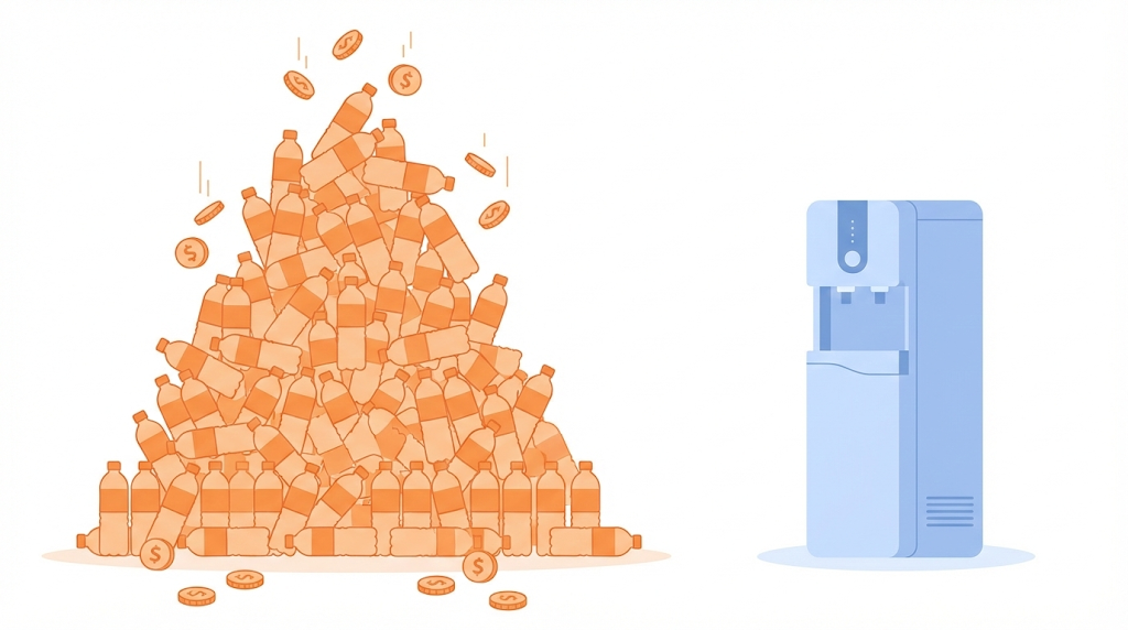 ペットボトル水と浄水型サーバーの年間コスト比較。左側の大量のペットボトルの山と右側の1台のサーバーでコスト差を視覚的に表現