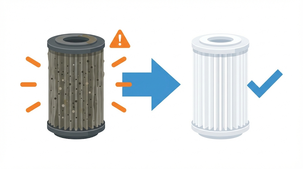 浄水器カートリッジの新旧比較図。左側の汚れて詰まった古いカートリッジと右側の清潔な新品カートリッジを並べて交換の重要性を表現