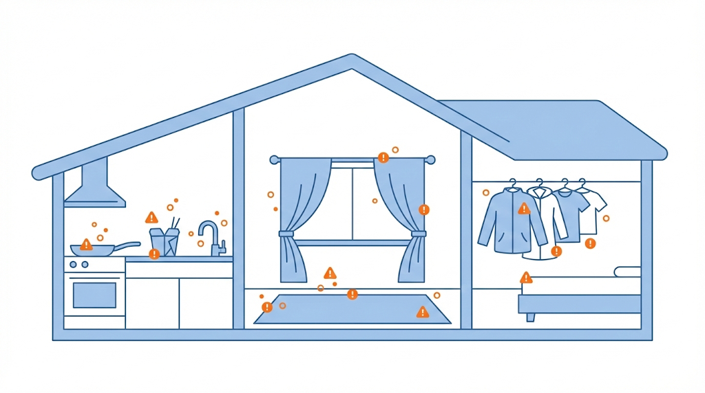 家の断面図で日常生活におけるPFAS曝露源を表示。キッチンの調理器具、リビングのカーペット、寝室の撥水加工衣類など各部屋のPFAS源をマーク