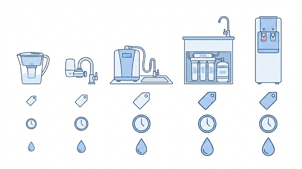 "5種類の浄水器タイプを横並びで比較した図。ポット型、蛇口直結型、据え置き型、アンダーシンク型、浄水型サーバーの特徴を視覚的に表現"