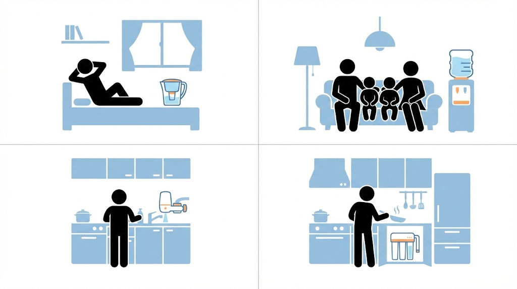 "生活スタイル別のおすすめ浄水器を示す図。一人暮らし、ファミリー、賃貸、持ち家の4シーンに最適な浄水器タイプをアイコンで表示"