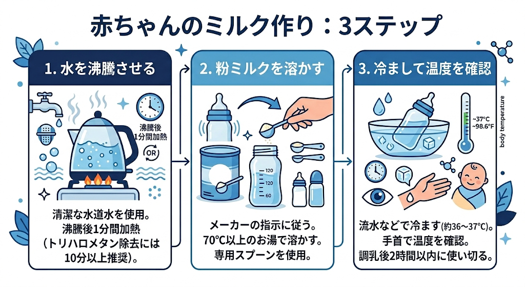 粉ミルクの安全な作り方3ステップを示したインフォグラフィック。ステップ1:水を10分以上沸騰させる、ステップ2:70℃以上のお湯で粉ミルクを溶かす、ステップ3:人肌(36〜37℃)に冷ます