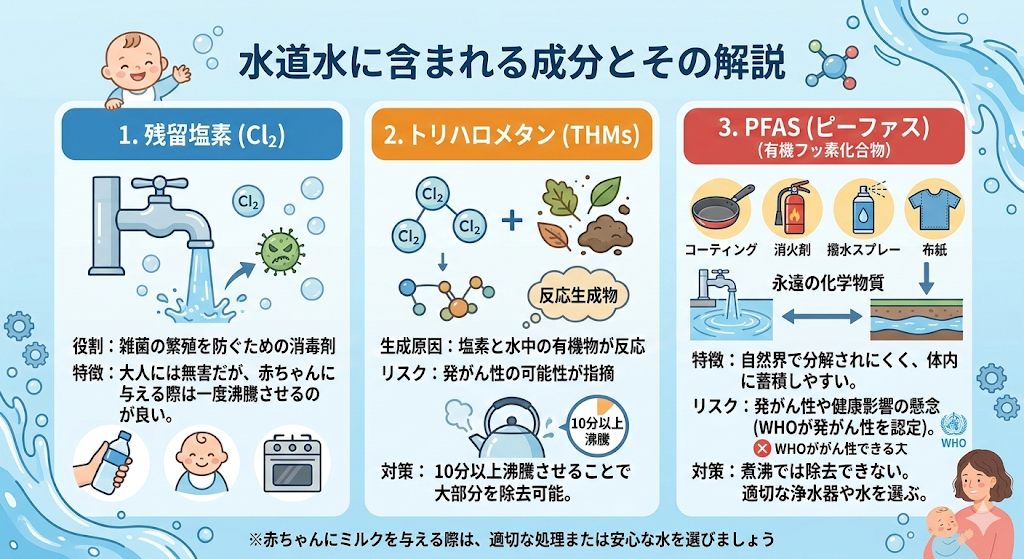 水道水に含まれる主な成分(残留塩素・トリハロメタン・PFAS)と、それぞれの特徴を示した図解。PFASは煮沸で除去できないことを強調