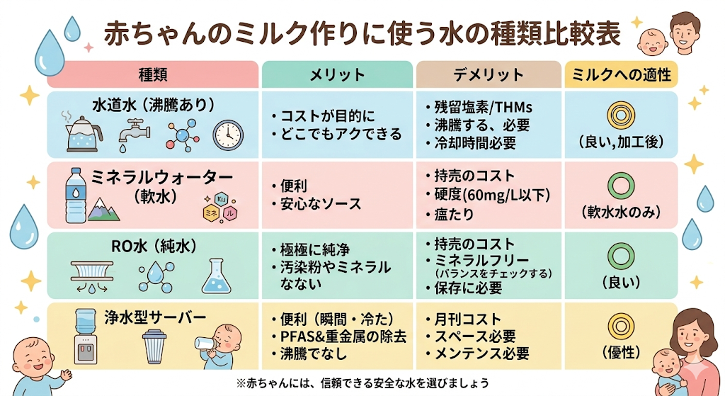 赤ちゃんのミルク作りに使う水の種類別比較表。水道水・ミネラルウォーター(軟水)・RO水・浄水型ウォーターサーバーのメリット・デメリットを一覧で表示
