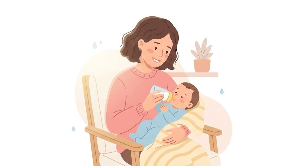 赤ちゃんを抱っこしながらミルクを飲ませている親のイラスト