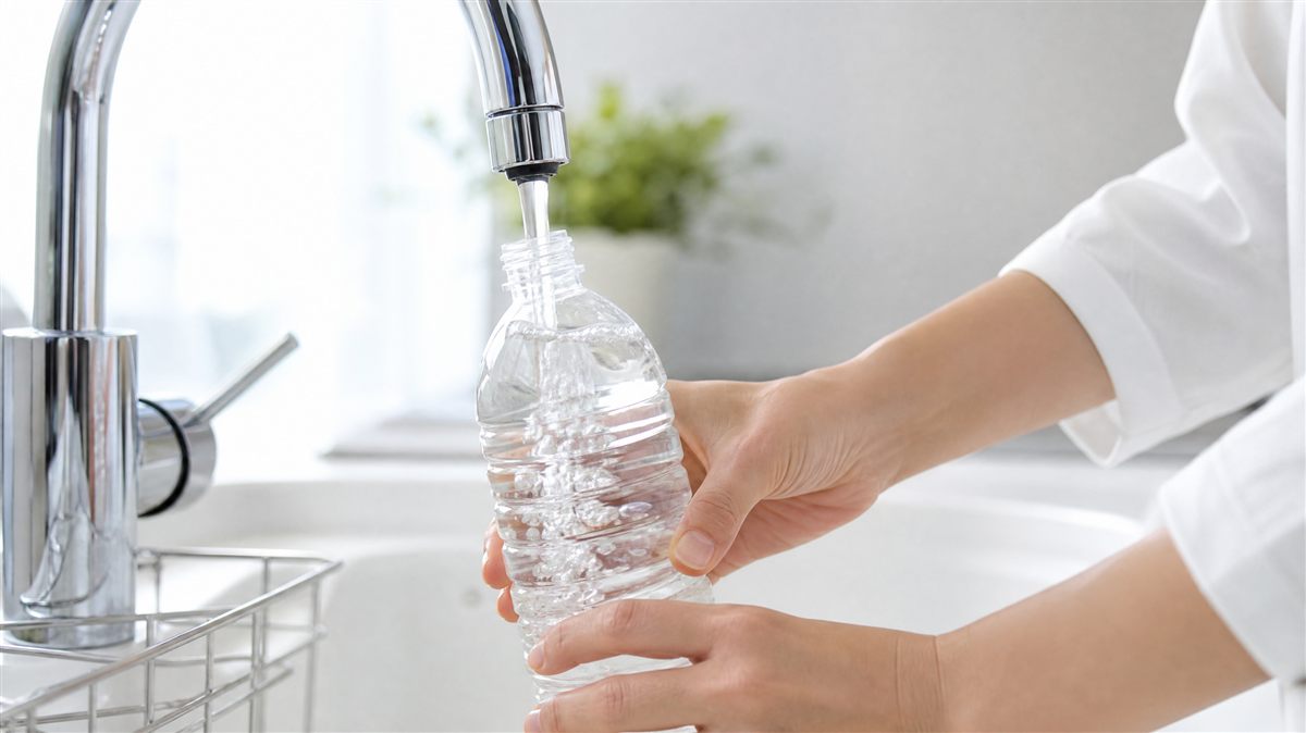 キッチンの蛇口から清潔な容器に水道水を注いでくみ置きしている手元。断水に備えた水の確保のイメージ