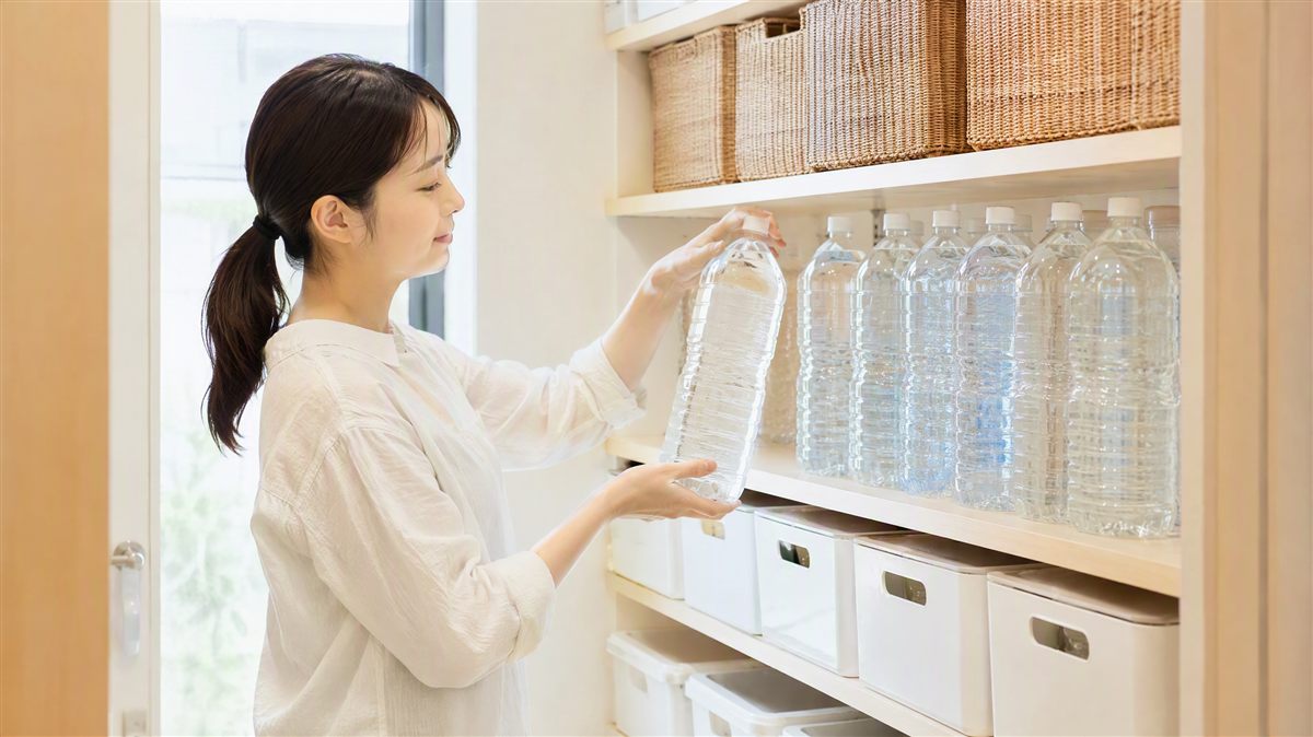 パントリーの棚に並んだ2リットルのペットボトル入り飲料水から1本を手に取っている様子。日常的に使いながら備蓄を回すローリングストックのイメージ