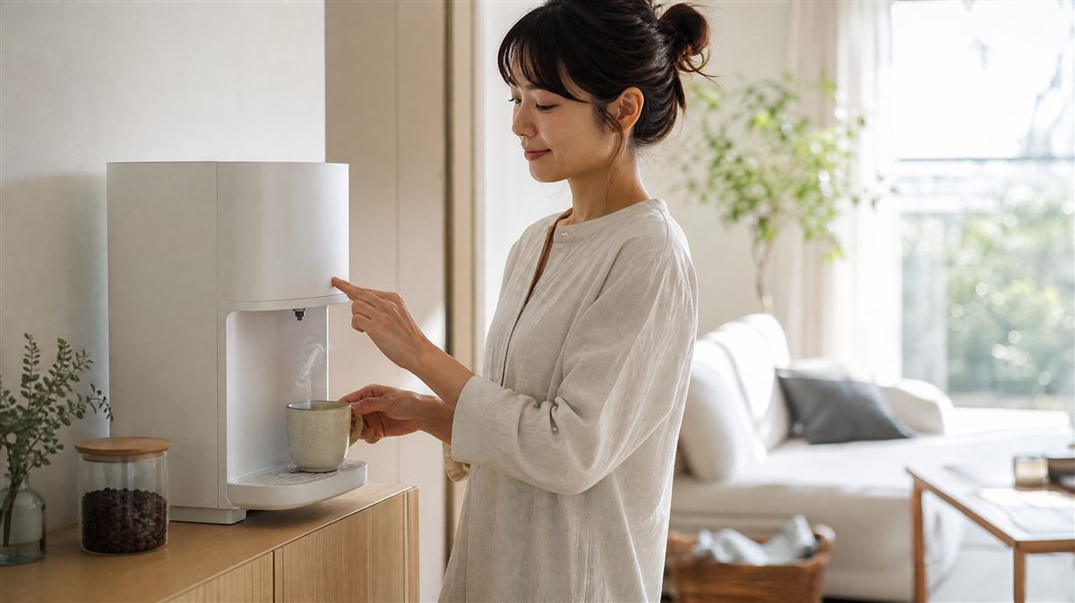 ウォーターサーバーの温水でコーヒーをいれている様子