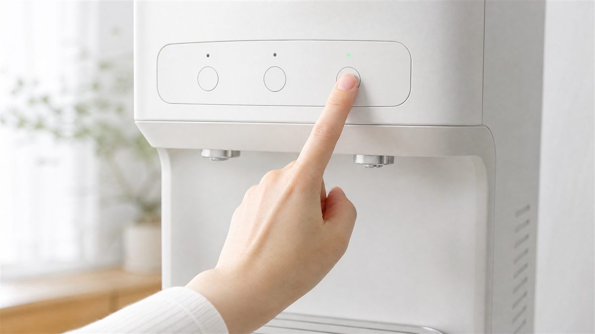 ウォーターサーバーの操作パネルのエコモードボタンを指で押している様子