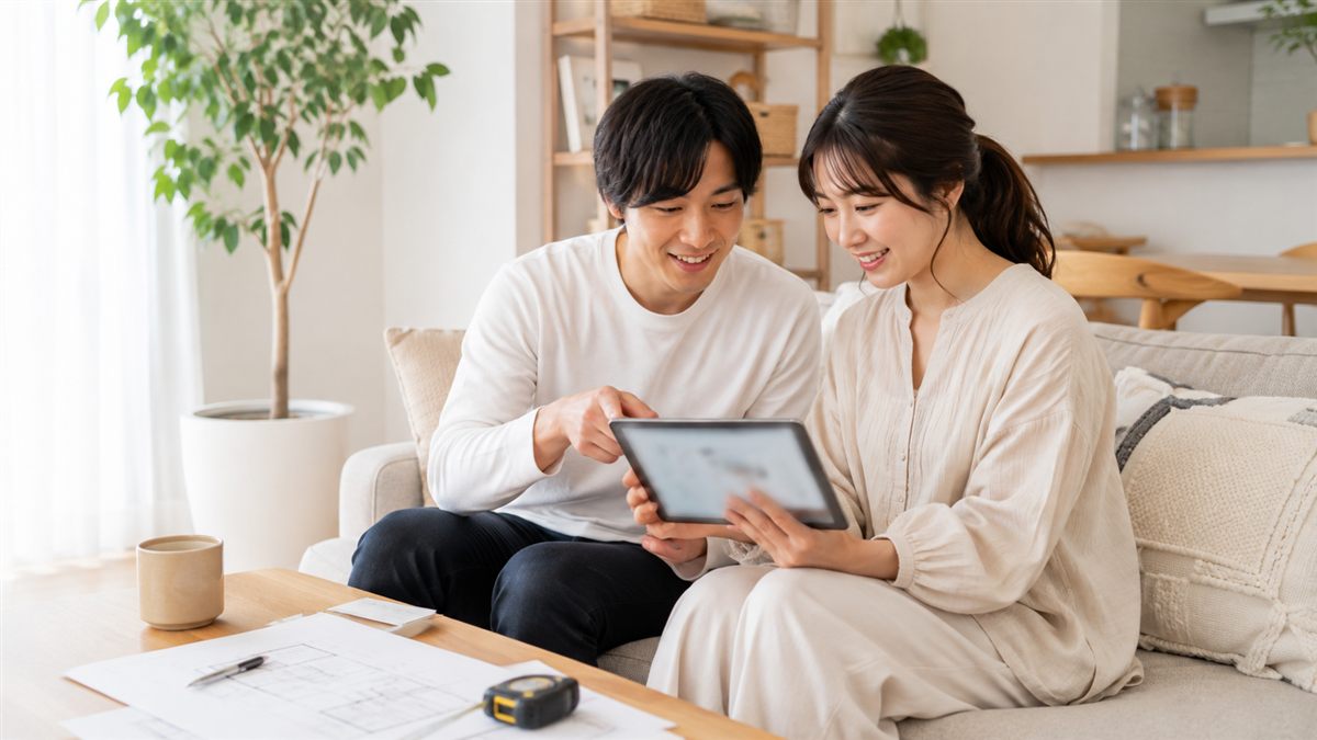 リビングで夫婦がタブレットを見ながらウォーターサーバーの機種や設置場所を相談している様子