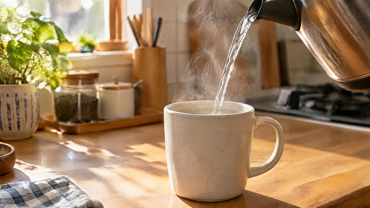 マグカップにお湯を注ぐ様子
